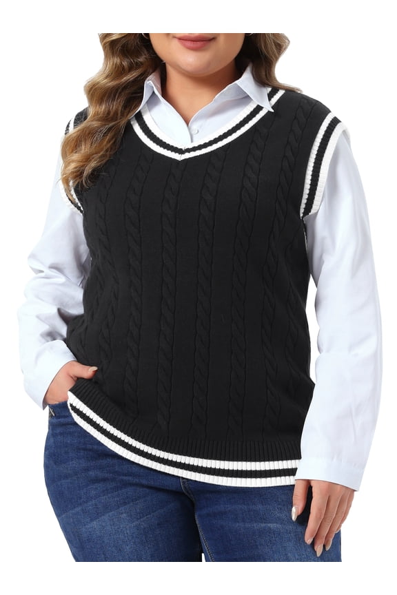 Women's Plus Size Sweater Vest Cable Knit V Neck Sleeveless Preppy Style Casual Pullover Tank 4X Black