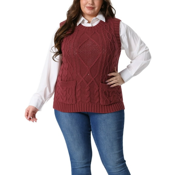 Agnes Orinda Women's Plus Size Cable Knit Sweater Vest Crew Neck Sleeveless Knitted Casual Pullober Sweaters with Pocket 3X Red