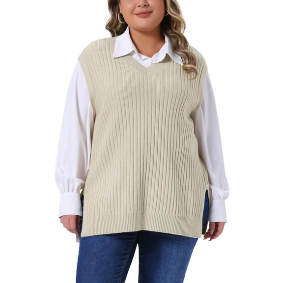 Agnes Orinda Women's Plus Size Sweater Vest Ribbed Knit V Neck Sleeveless Split Hem Casual Pullover Tank Tops 2X Beige