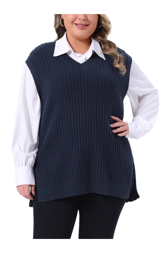 Women's Plus Size Sweater Vest Ribbed Knit V Neck Sleeveless Split Hem Casual Pullover Tank Tops 3X Dark Blue