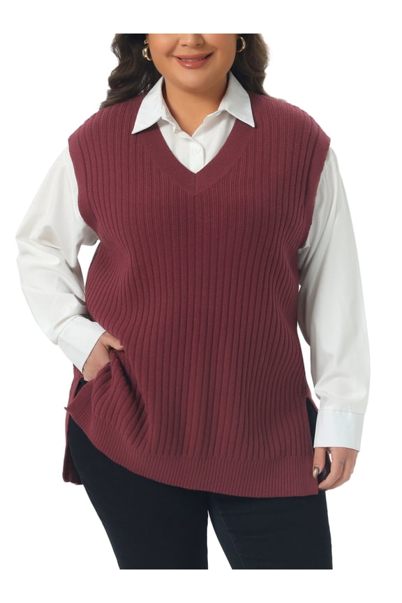 Women's Plus Size Sweater Vest Ribbed Knit V Neck Sleeveless Split Hem Casual Pullover Tank Tops 4X Burgundy