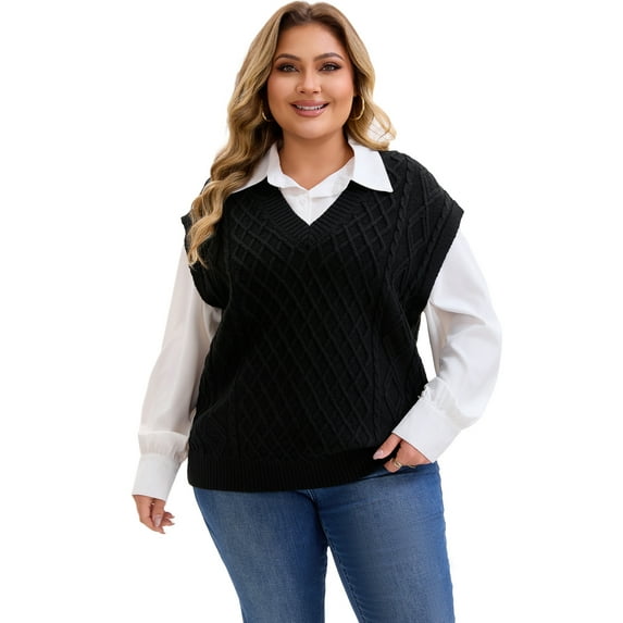 Agnes Orinda Women's Plus Size Tops V Neck Sleeveless Sweater Ribbed Knit Solid Casual Pullover Sweaters Vest 2X Black