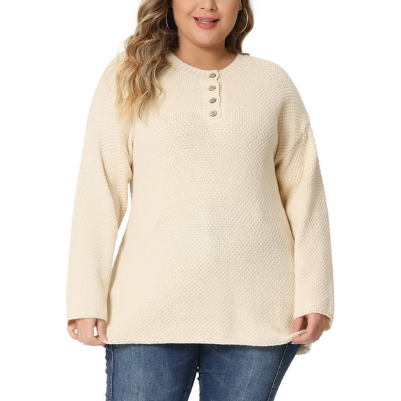Agnes Orinda Women's Plus Size Sweater for Oversized Round Neck Long Sleeve Button Knit Pullover Sweater