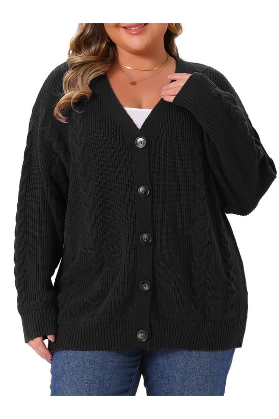 Women's Plus Size Sweaters Cardigan Cable Knit Button Down V Neck Long Sleeve Casual Cardigans 1X Black