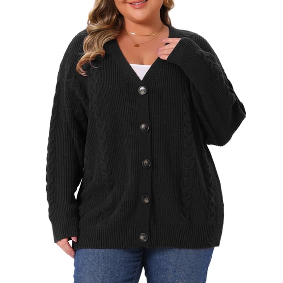 Agnes Orinda Women's Plus Size Sweaters Cardigan Cable Knit Button Down V Neck Long Sleeve Casual Cardigans 4X Black