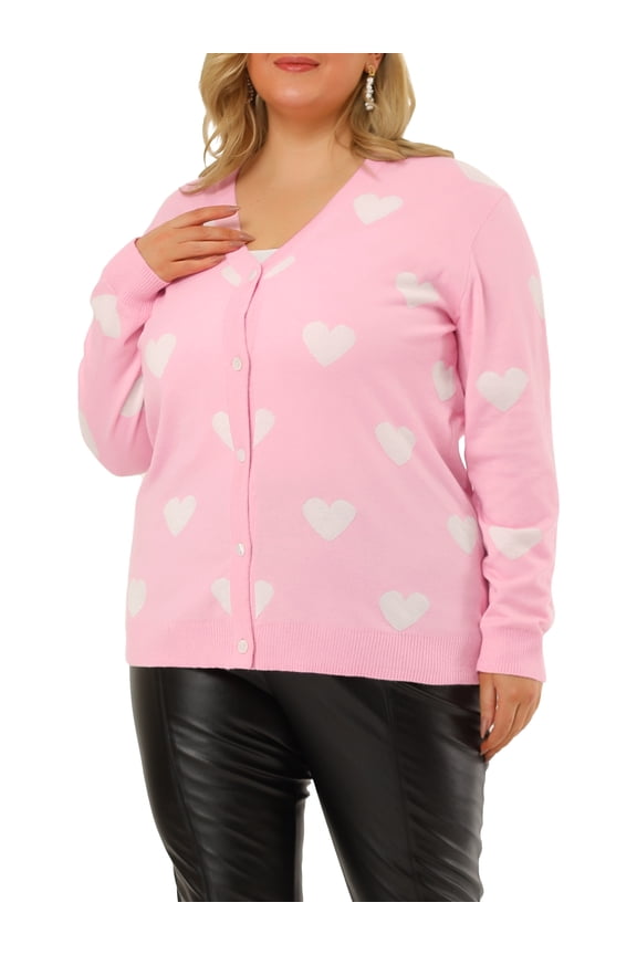 Women's Plus Size Sweaters Cardigans Cute Heart Print Long Sleeve Fall Winter Knit Cardigan 3X Pink