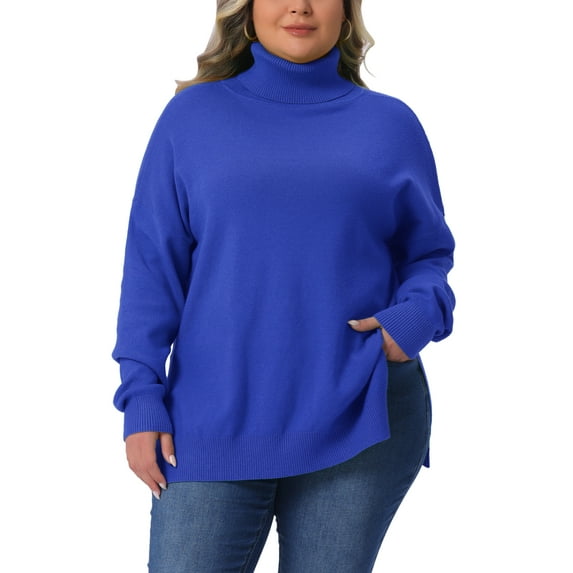 Agnes Orinda Women's Plus Size Sweaters Turtle Neck Long Sleeve Side Slit Casual Loose Pullover Knit Top 2X Blue
