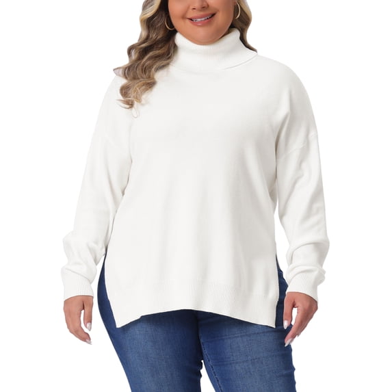 Agnes Orinda Women's Plus Size Sweaters Turtle Neck Long Sleeve Side Slit Casual Loose Pullover Knit Top 2X White
