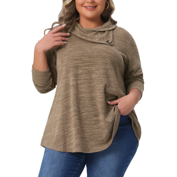 Agnes Orinda Women's Plus Size Sweatshirt Tops Cowl Neck Long Sleeve Pockets Casual Tunic Blouse with Button Decor 3X Brown