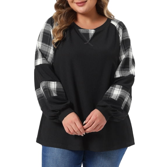 GRACE & GRANDEUR Women's Plus Size Plaid Sleeve Cable Knit Pullover Crewneck Color Block Patchwork Tunic Top 1X Black