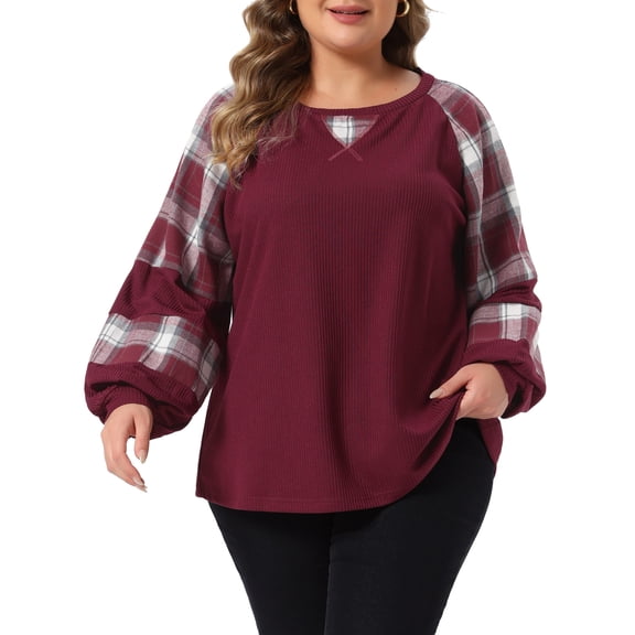 GRACE & GRANDEUR Women's Plus Size Plaid Sleeve Cable Knit Pullover Crewneck Color Block Patchwork Tunic Top 2X Burgundy