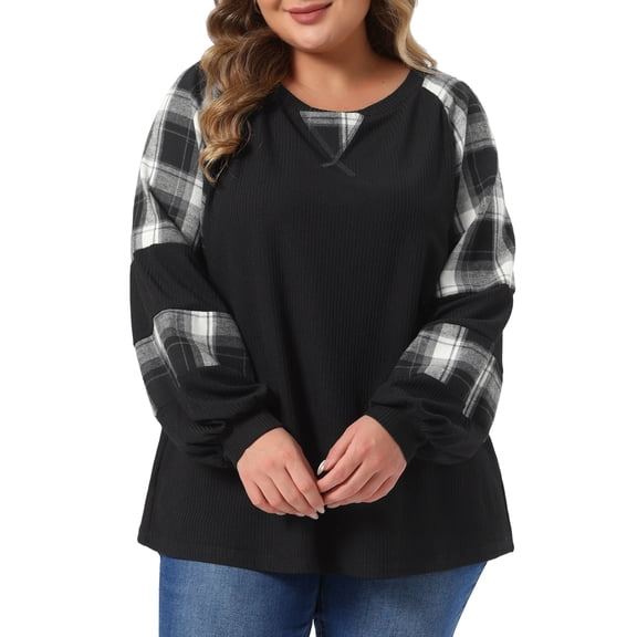 GRACE & GRANDEUR Women's Plus Size Plaid Sleeve Cable Knit Pullover Crewneck Color Block Patchwork Tunic Top 3X Black