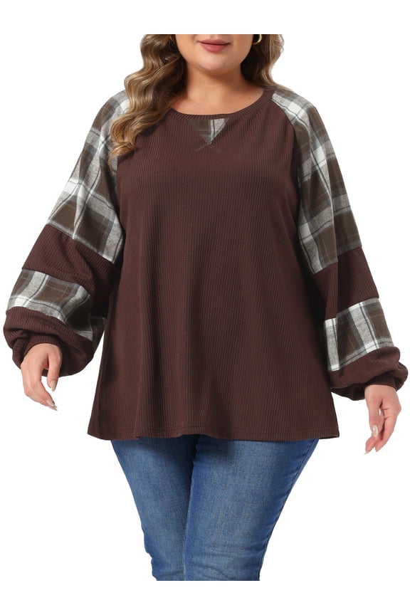 Women's Plus Size Plaid Sleeve Cable Knit Pullover Crewneck Color Block Patchwork Tunic Top 4X Brown