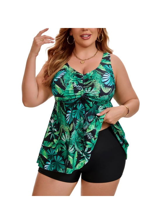 Women's Plus Size Swimwear Drawstring Shirring Tankini Top Push Up Tummy Control Beach Two Piece Swimsuits with Bottoms L Green Print