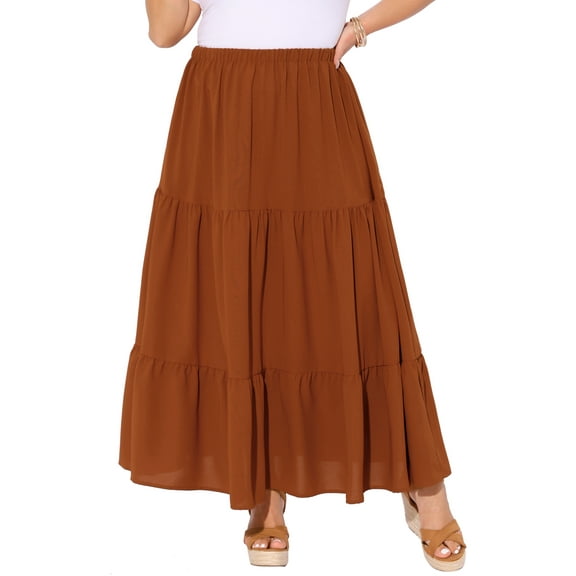 Agnes Orinda Women's Plus Size Swing Skirt Elastic High Waist Layered Flowy Casual Beach A Line Maxi Skirts 2X Caramel