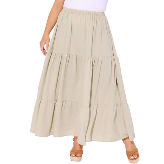 Agnes Orinda Women's Plus Size Swing Skirt Elastic High Waist Layered Flowy Casual Beach A Line Maxi Skirts 3X Beige