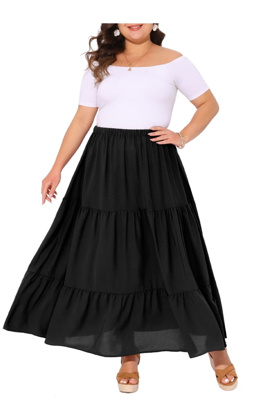 Women's Plus Size Tiered Maxi Skirt Elastic High Waist Flowy A-Line Long Skirt with Ruffle Hem for Beach & Casual Wear 4X Black