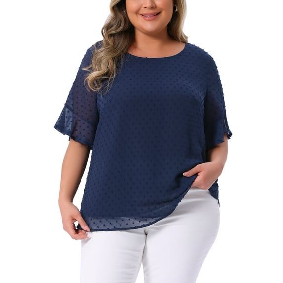 Agnes Orinda Women's Plus Size Top Swiss Dots Blouse Round Neck Ruffle Sleeve Casual Tee Shirt 1X Dark Blue
