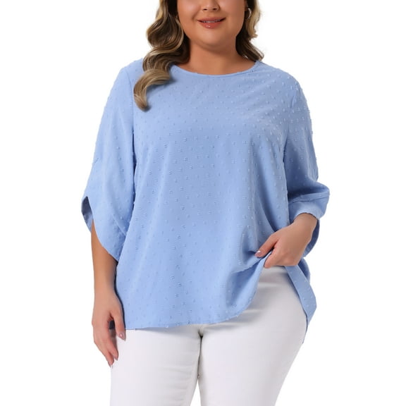 Agnes Orinda Women's Plus Size Swiss Dots Tops Petal Sleeve Curved Hem Round Neck Summer Casual Blouse 2X Blue
