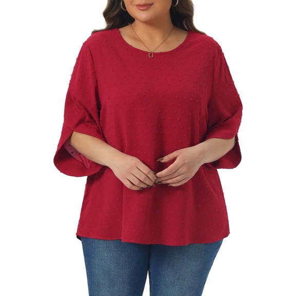 Agnes Orinda Women's Plus Size Swiss Dots Tops Petal Sleeve Curved Hem Round Neck Summer Casual Blouse 4X Burgundy