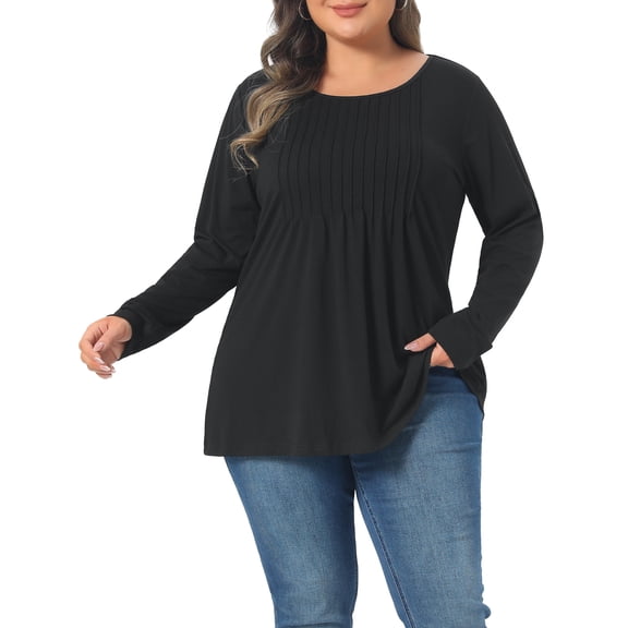 Agnes Orinda Women's Plus Size T-Shirt Pleated Crew Neck Long Sleeve Soft Casual Tunic Blouse 3X Black
