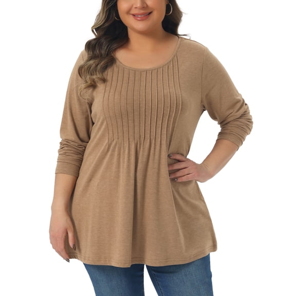 Agnes Orinda Women's Plus Size T-Shirt Pleated Crew Neck Long Sleeve Soft Casual Tunic Blouse 3X Camel