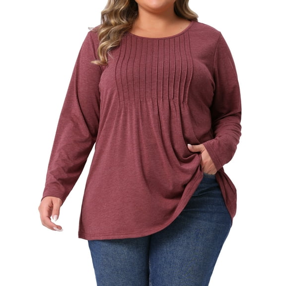 Agnes Orinda Women's Plus Size T-Shirt Pleated Crew Neck Long Sleeve Soft Casual Tunic Blouse 4X Burgundy
