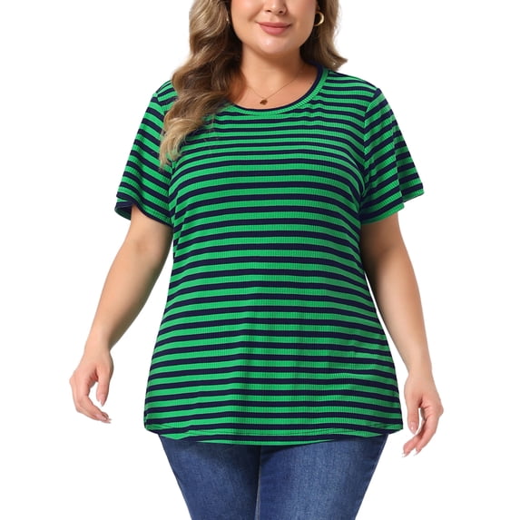 Agnes Orinda Women's Plus Size T-Shirt Rainbows Stripe Crew Neck Short Sleeve Top 2X Green