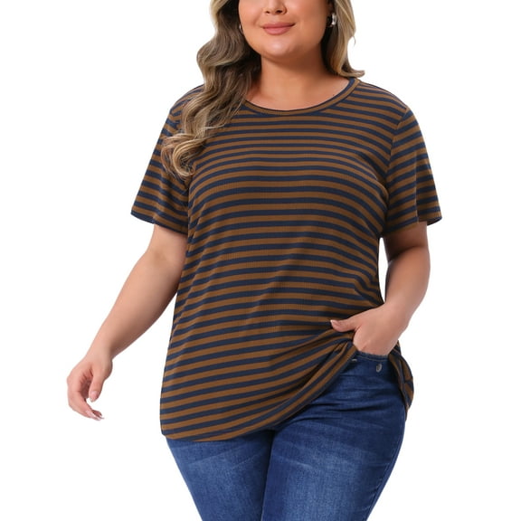 Agnes Orinda Women's Plus Size T-Shirt Rainbows Stripe Crew Neck Short Sleeve Top 4X Brown