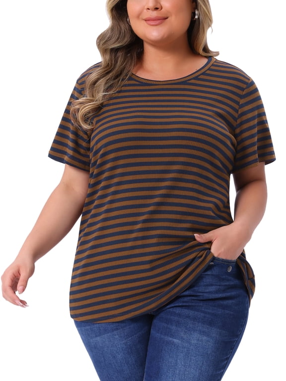 Women's Plus Size T-Shirt Stripe Crew Neck Short Sleeves Stretchy Top 4X Brown
