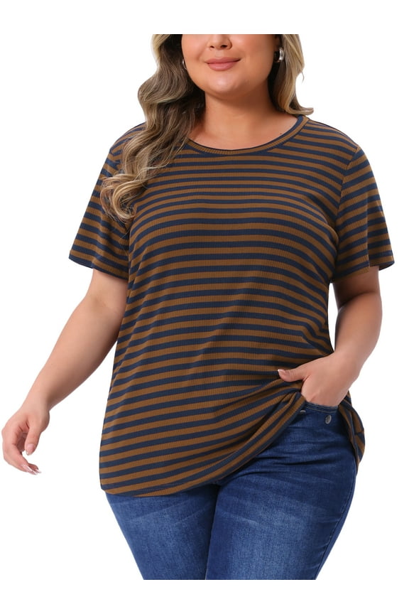 Women's Plus Size T-Shirt Rainbows Stripe Crew Neck Short Sleeve Top 4X Brown