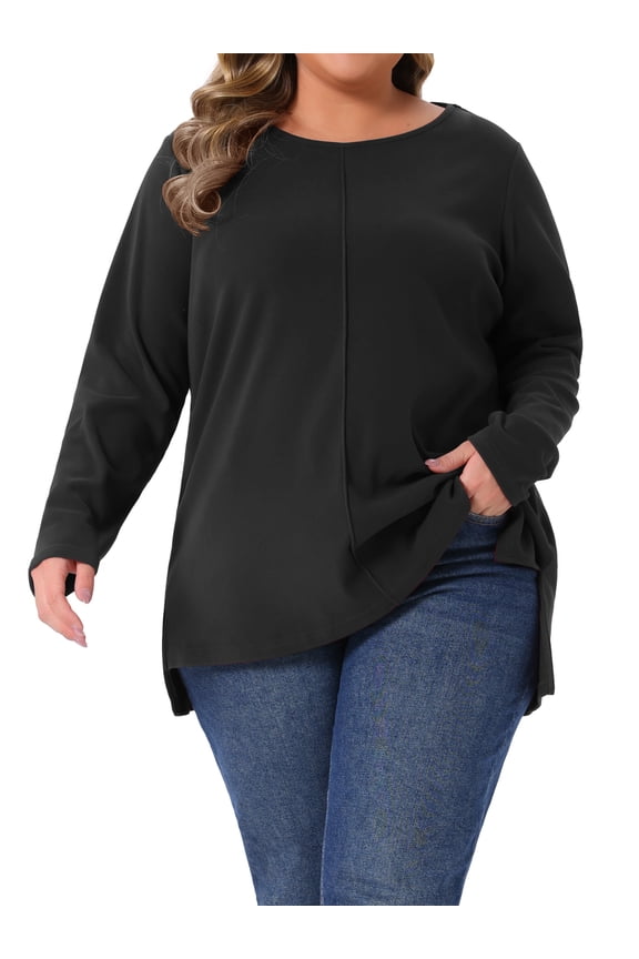 Women's Plus Size T-Shirts Exposed Seams Side Slit High Low Hem Blouses Crew Neck Long Sleeve Casual Tee Shirt 3X Black