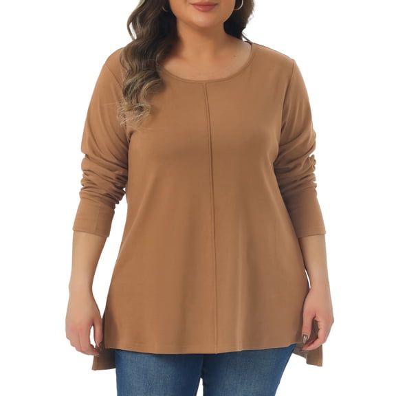 Agnes Orinda Women's Plus Size T-Shirts Exposed Seams Side Slit High Low Hem Blouses Crew Neck Long Sleeve Casual Tee Shirt 4X Brown