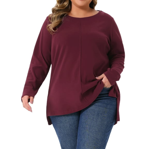 Agnes Orinda Women's Plus Size T-Shirts Exposed Seams Side Slit High Low Hem Blouses Crew Neck Long Sleeve Casual Tee Shirt 4X Burgundy