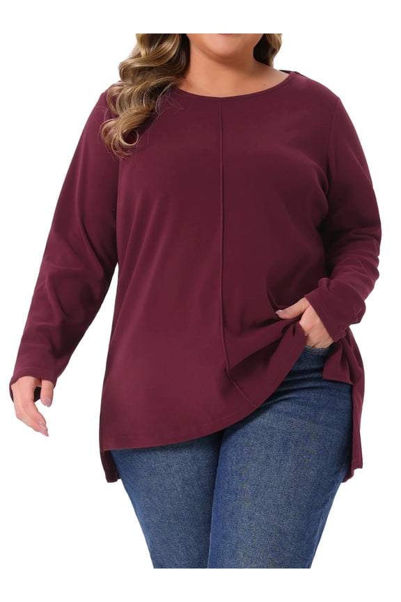 Women's Plus Size T-Shirts Exposed Seams Side Slit High Low Hem Blouses Crew Neck Long Sleeve Casual Tee Shirt 4X Burgundy