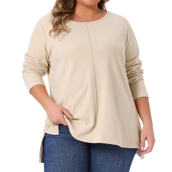 Agnes Orinda Women's Plus Size T-Shirts Exposed Seams Side Slit High Low Hem Blouses Crew Neck Long Sleeve Casual Tee Shirt 4X Khaki