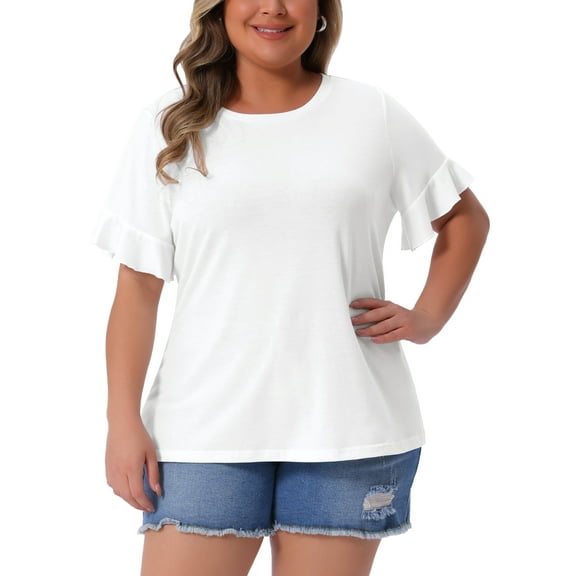 Agnes Orinda Women's Plus Size Easter Tops Round Neck Ruffle Short Sleeve T-Shirts Casual Summer Tee Blouse 1X White