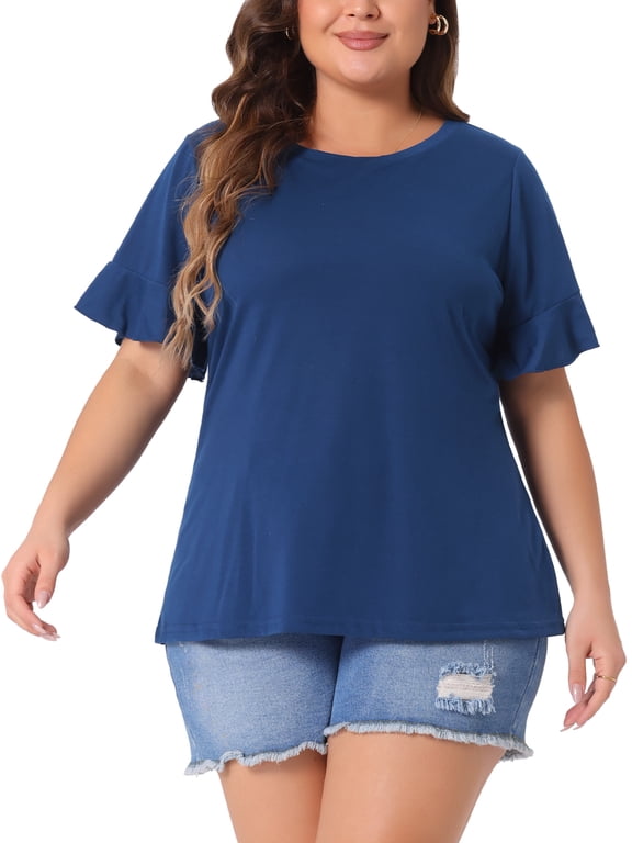 Women's Plus Size Tops Round Neck Ruffle Short Sleeve T-Shirts Casual Summer Tee Blouse 2X Dark Blue