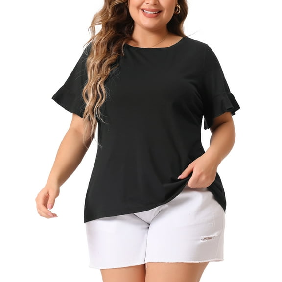 Agnes Orinda Women's Plus Size Tops Round Neck Ruffle Short Sleeve T-Shirts Casual Summer Tee Blouse 4X Black