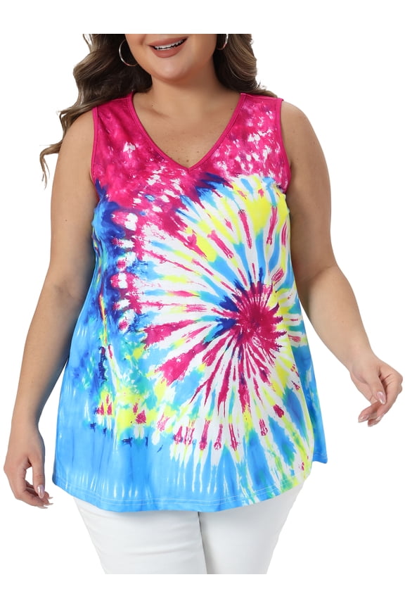 Women's Plus Size Tank Top Tie Dye V-neck Sleeveless Tshirts Summer Casual Basic Tees 2X Blue