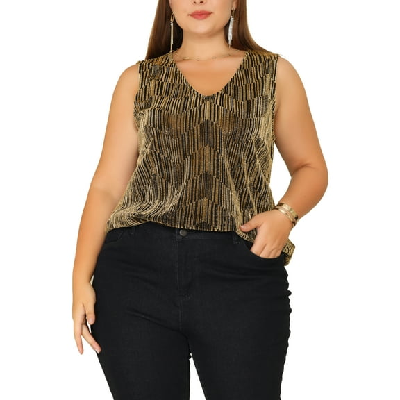 Agnes Orinda Women's Plus Size Tank Tops Sleeveless Glitter Gradient Sequin Party Tops 1X Gold