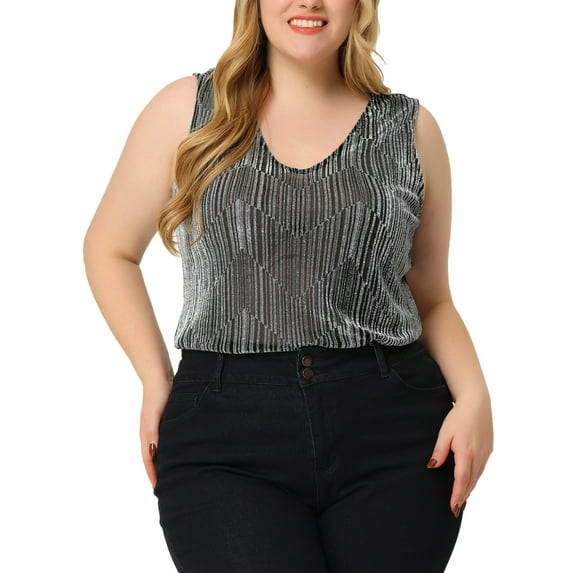 Agnes Orinda Women's Plus Size Tank Tops Sleeveless Glitter Gradient Sequin Party Tops 1X Silver