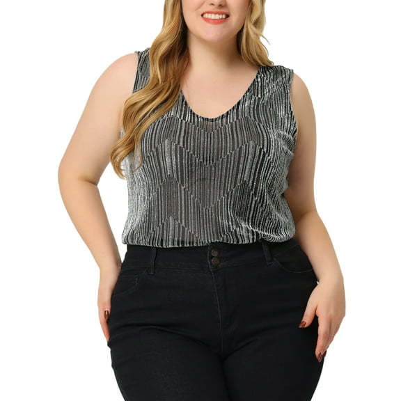 Agnes Orinda Women's Plus Size Tank Tops Sleeveless Glitter Gradient Sequin Party Tops 2X Silver
