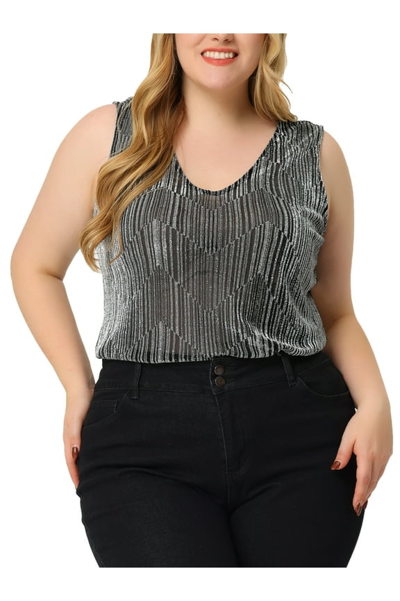 Women's Plus Size Tank Tops Sleeveless Glitter Gradient Sequin Party Tops 3X Silver