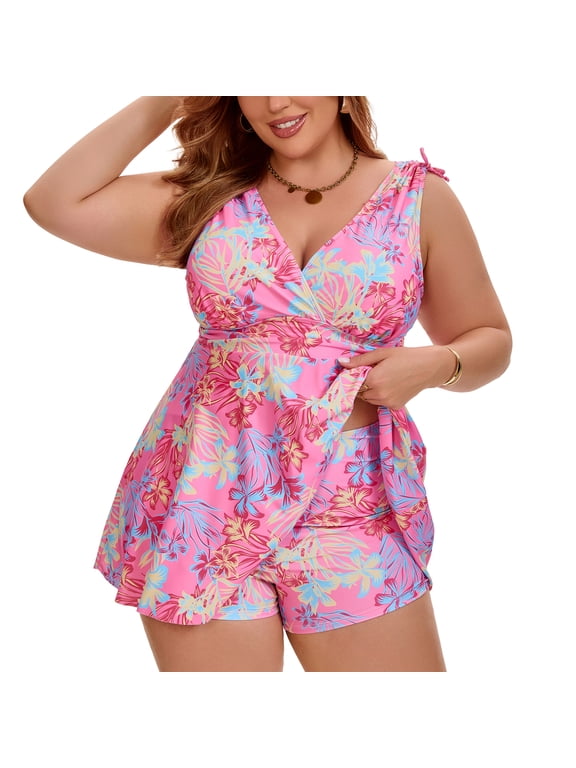 Women's Plus Size Tankini Tie Ruffled Twist Front Push Up Backless Swimsuit Beach Two Piece Swim Dress with Shorts 3X Hot Pink