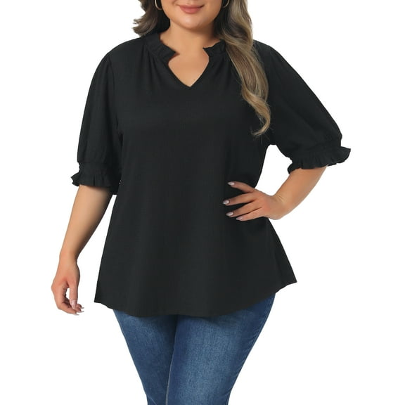 Agnes Orinda Women's Plus Size Textured Top Ruffled Trim Notch V Neck Puff Sleeves Summer Blouse 1X Black