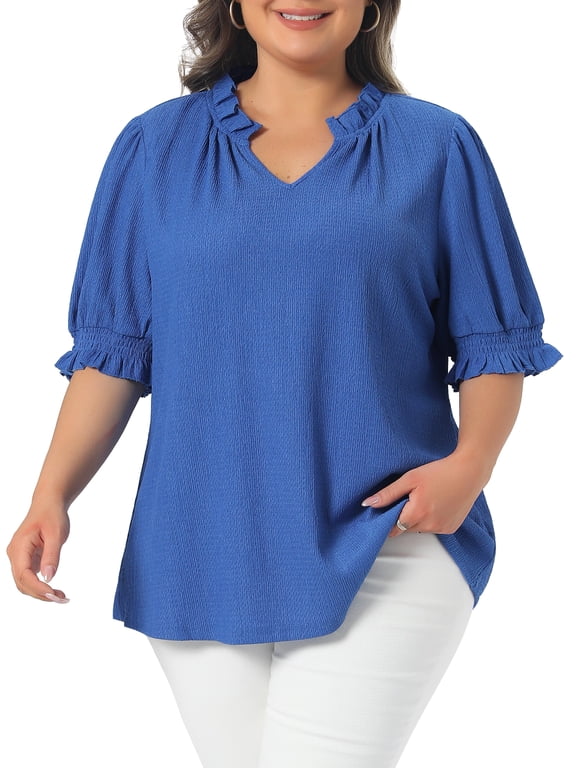Plus Size Top for Women Ruffled Trim Notch V Neck Puff Sleeves Textured Summer Shirts Blouse 3X Royal Blue