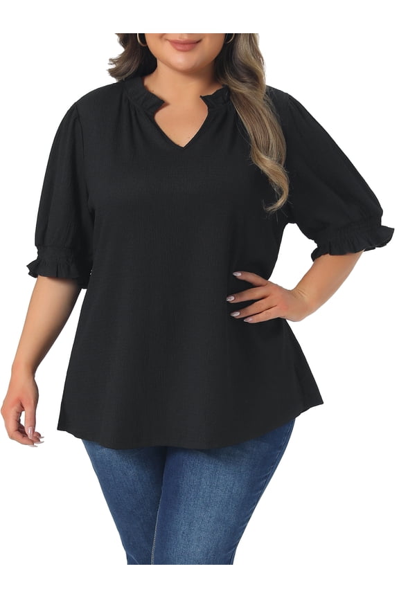 Plus Size Top for Women Ruffled Trim Notch V Neck Puff Sleeves Textured Summer Shirts Blouse 4X Black
