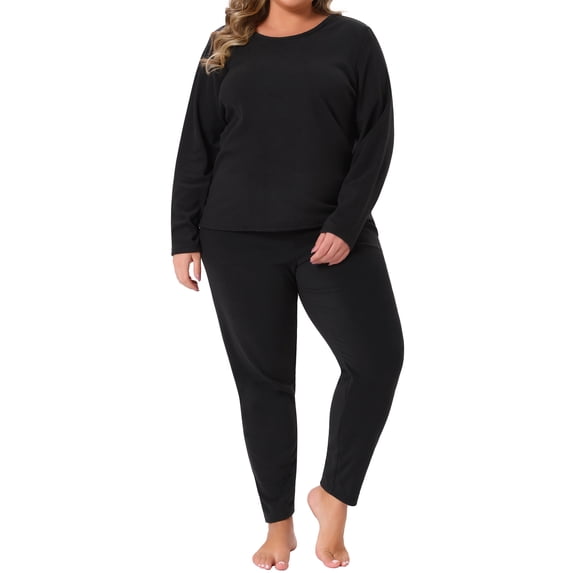 Agnes Orinda Women's Plus Size Thermal Underwear Fleece Lined Long Sleeve Shirt and Leggings Soft Lounge Long Johns Set 1X Black