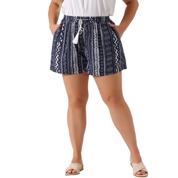 Agnes Orinda Women's Plus Size Tie Tassels Waist Boho Beach Shorts with Pockets